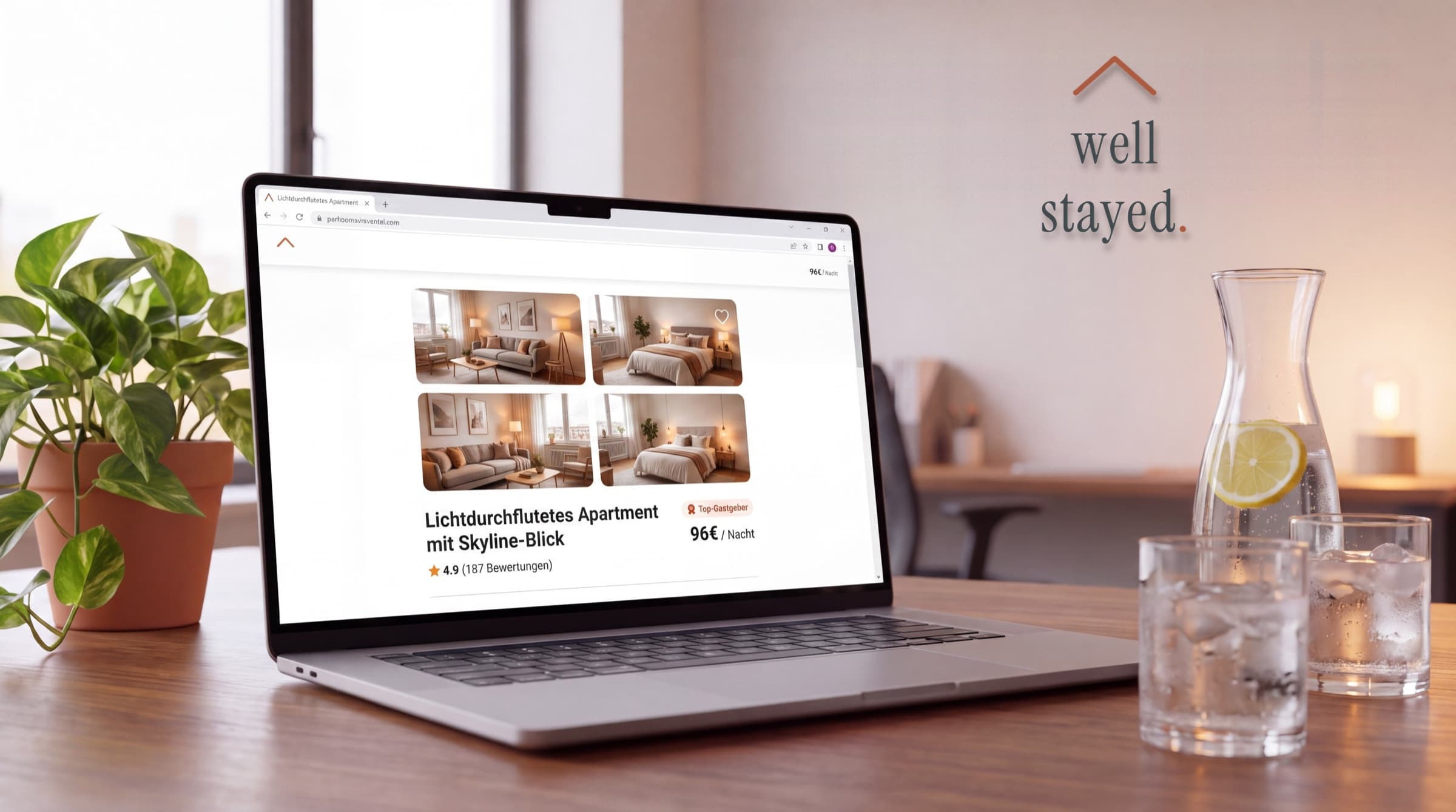 Laptop zeigt ein Top-Airbnb-Inserat mit professionellen Fotos, 4.9 Sternen, 187 Bewertungen und hohem Preis